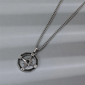 Hip hop style silver compass pendant necklace with black gemstone and north star design