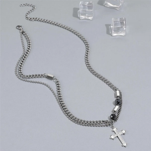 Men's double-layered titanium steel necklace with cross pendant and cuban chain