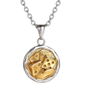 Titanium steel necklace with two-tone dice and poker round pendant on silver chain