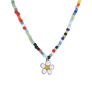 Colorful beaded daisy necklace with yellow smiley face pendant for summer fashion