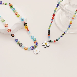 Bohemian Colorful Seed Beads Necklace Titanium Steel Daisy Sunflower Pendant Choker For Women Summer Dopamine Style Jewelry