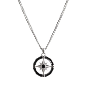 Compass star pendant necklace in silver titanium steel with black stone center and enamel