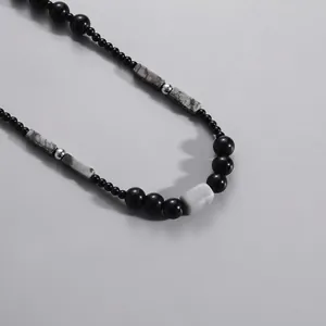 Beaded necklace with natural stone and black polished beads in New Chinese style