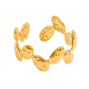 Adjustable golden hollow leaf open ring with hammered oval texture in stainless steel