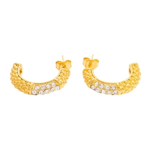Golden C-shaped stainless steel earrings with heart-patterned embossing and double zircon rows
