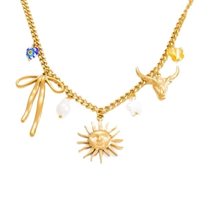 Collier en acier inoxydable plaqué or 18K avec pendentifs perles, nœuds et soleil