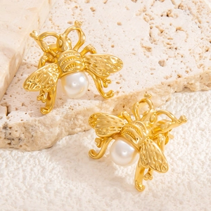 Boucles d'oreilles abeille en acier inoxydable plaqué or 18K avec perle pour femme
