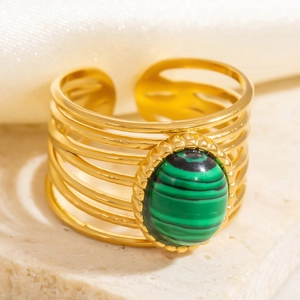 Detailed close-up of 18K gold-plated multilayer ring featuring green malachite stone inlay