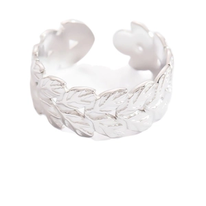 Polished silver leaf pattern open ring with olive branch motif in stainless steel