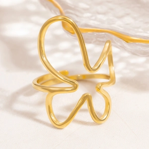 Minimalist gold adjustable stainless steel open ring with abstract hollow flower design