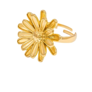 Elegant gold stainless steel open ring with a detailed multilayer daisy flower design