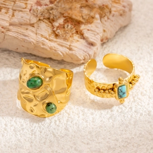 Adjustable gold stainless steel ring set with hammer texture and green turquoise stones