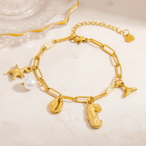 Bracelet océan en acier inoxydable plaqué or 18K avec perles et pendentif étoile