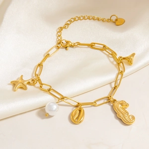 Bracelet trombone en acier inoxydable doré 18K avec pendentifs marins et perles
