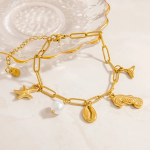 Bracelet en Acier Inoxydable Plaqué Or 18K Avec Pendentifs Marins Étoile de Mer Hippocampe Coquillage Et Künstliche Perle Pour Femme