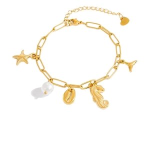 Bracelet en acier inoxydable doré 18K avec breloques marines et perle d'eau douce
