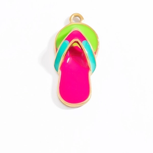 Golden flip-flop charm pendant with pink and green enamel for DIY jewelry necklaces