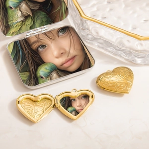 Handcrafted heart locket pendant with vintage floral engraving and photo compartment