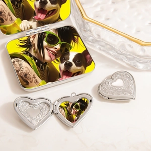 Macro view of heart-shaped locket pendants with vintage floral patterns and punk illustrations