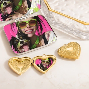Golden heart locket necklace with floral engraving and customizable photo inside box