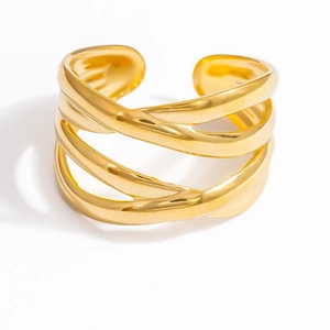 Detailansicht eines mehrlagigen goldenen Rings mit hochglanzpoliertem Metallic-Finish