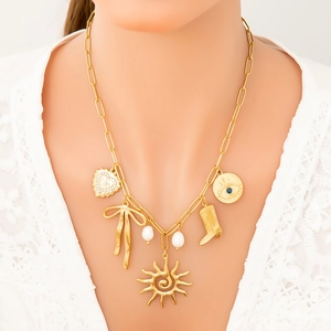 Collana con Multi Pendenti in Acciaio Inossidabile Placcato Oro 18K Donna Cuore Fiocco Sole Stivale Malocchio Perla Artificial