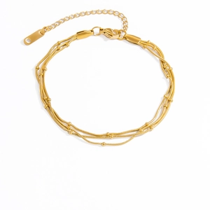 Dreilagiges 18K vergoldetes Edelstahl-Schlangenkettenarmband mit Perlen für Damen