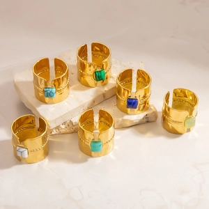 18K Gold Plated Stainless Steel Square Gemstone Open Ring Hammered Boho Adjustable Vintage Finger Ring Jewelry For Women