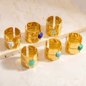 Set of 6 gold plated hammered open rings with square colorful gemstone inlays