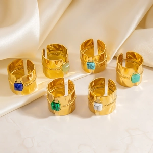 Set of six 18k gold plated stainless steel open rings with colorful square gemstones