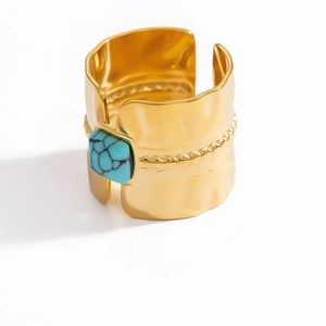 Hammered gold open cuff bracelet with square blue turquoise stone and rope texture