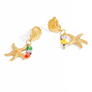 Boucles d'oreilles étoile de mer dorées avec perles fleurs colorées pour femmes