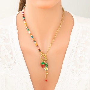 Handmade freshwater pearl necklace with strawberry and flower pendants and OT clasp