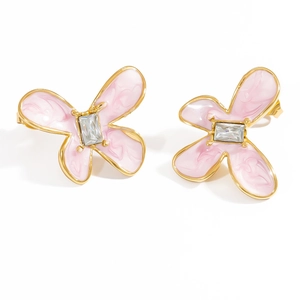 Schmetterling-Ohrstecker aus Gold mit rosa Emaille und Zirkonia-Verzierungen