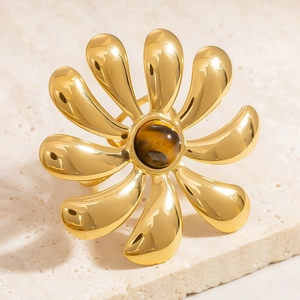 18k gold plated stainless steel flower ring with natural tiger eye stone center
