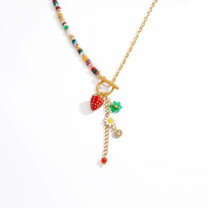 Natural stone and pearl necklace with strawberry pendant and colorful beads with gold OT clasp