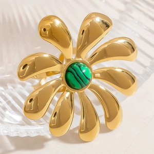 Macro detail of 18k gold-plated flower ring featuring a green malachite stone center