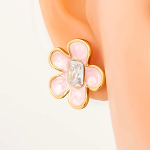 Elegante 18k vergoldete Edelstahl Blumenohrringe mit rosa Emaille und Zirkonia