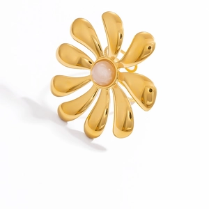 Macro view of 18k gold-plated flower ring featuring a natural moonstone center