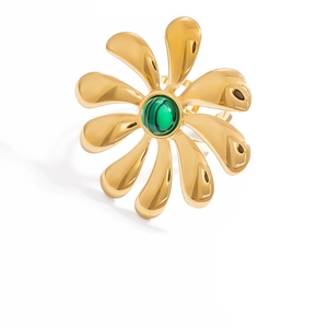 Detailed close-up of 18k gold-plated flower ring with a green malachite stone center
