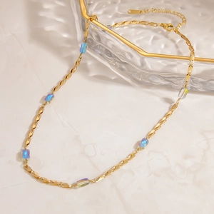 Elegant 18K gold plated stainless steel necklace with iridescent rectangular beads