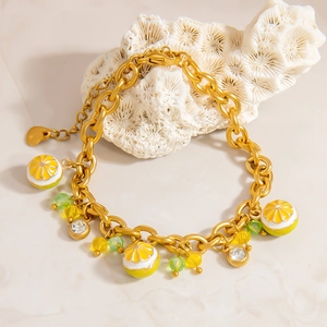 Bracelet à Breloque Citron d'Été en Acier Inoxydable Plaqué Or 18K Émail Perles de Fruits Zirconium Bijoux Femme