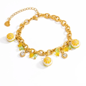 Bracelet chaîne en acier doré 18K avec breloques citron en émail et cristaux