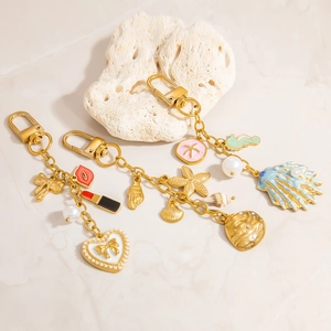 Stainless Steel Ocean Shell Artificial Pearl Keychain Bag Charm Enamel Starfish Seahorse Lips Lipstick Heart Pendant For Women Accessories