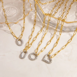 Two-tone stainless steel paperclip chain necklace with gold link and silver geometric charms