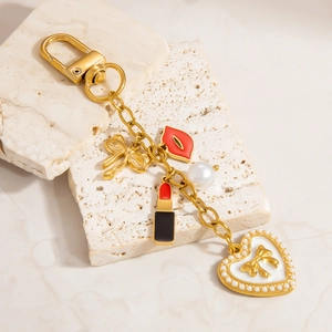 18K gold stainless steel keychain with pearl heart bow and red lipstick charms