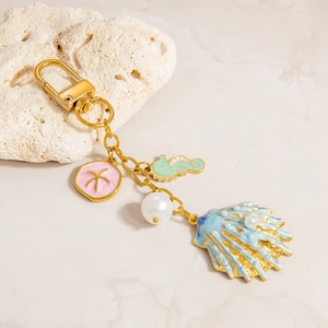 Marine style 18K gold plated chain keychain with pink disk, seahorse and pearl pendants