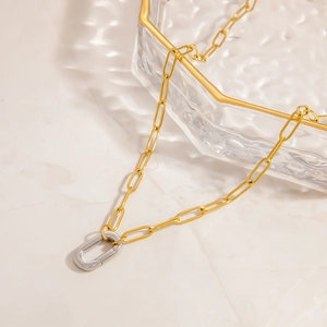Chic gold titanium paperclip chain necklace with a silver oval clasp accent for women