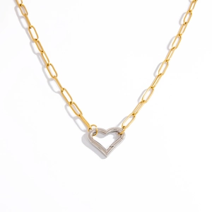 Detail of two-tone stainless steel paperclip chain with silver heart carabiner clasp