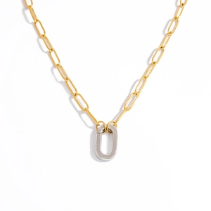 Modern mixed metal paperclip chain necklace with silver oval carabiner lock pendant